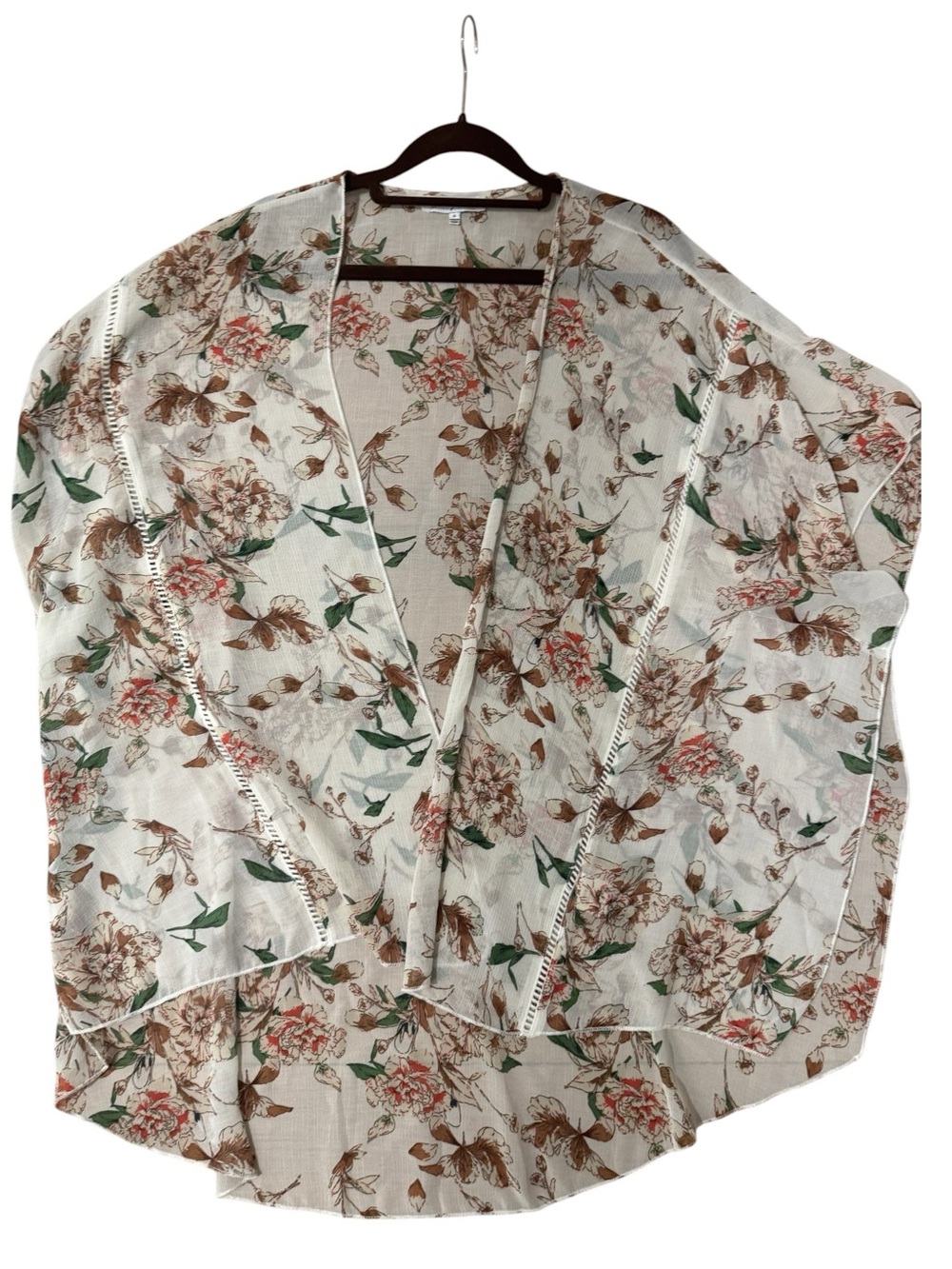 🤎Emory Park Women’s Fall Floral Cream & Brown Flowy Lace Boho Open Kimono Top